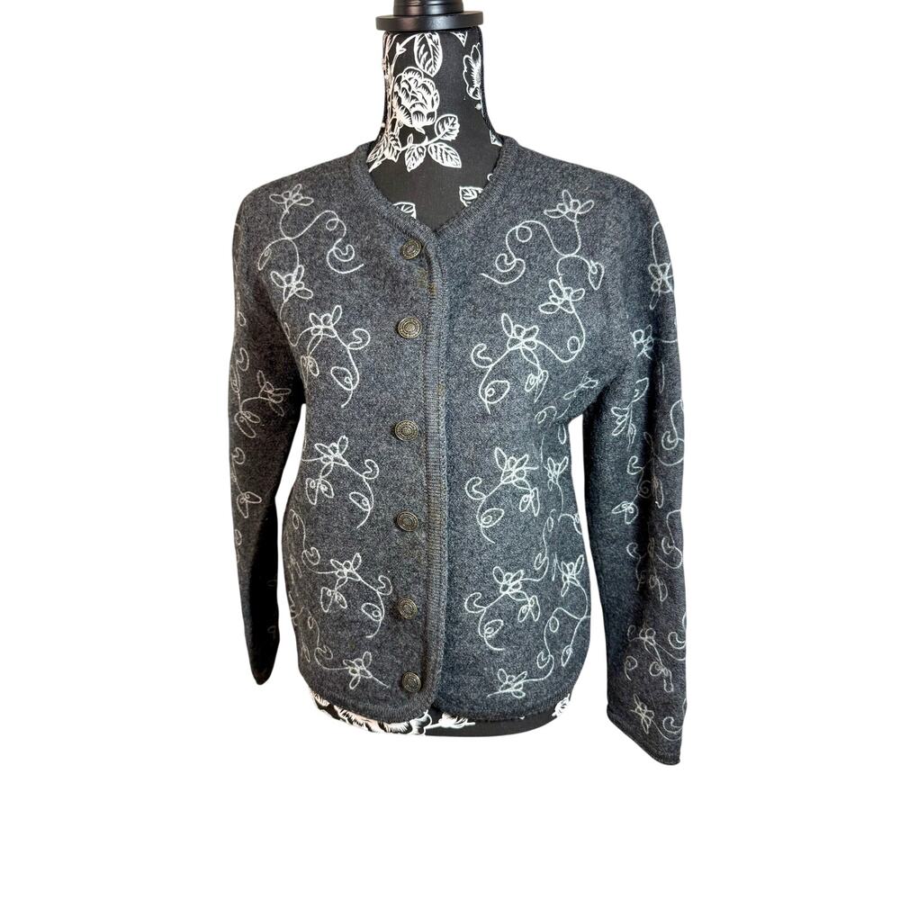 Tally Ho Vintage Cardigan Jacket Gray Wool Embroidery Button Front M